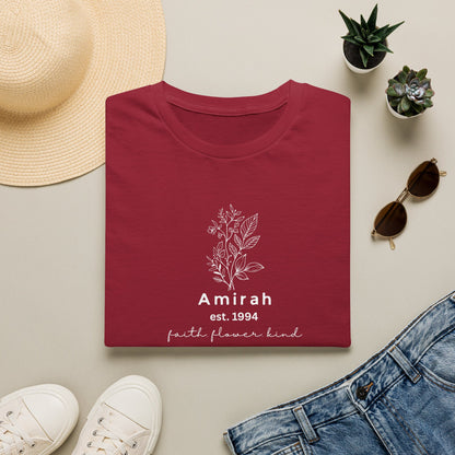 Personalized Floral Name T-Shirt — “Amirah est. 1994” Minimal Botanical Tee