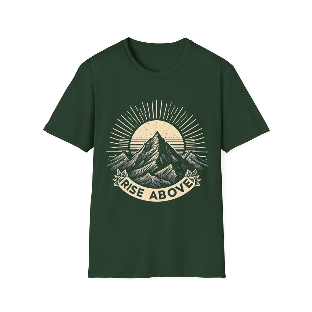 Green short-sleeve T-shirt with mountain sunrise “RISE ABOVE” graphic