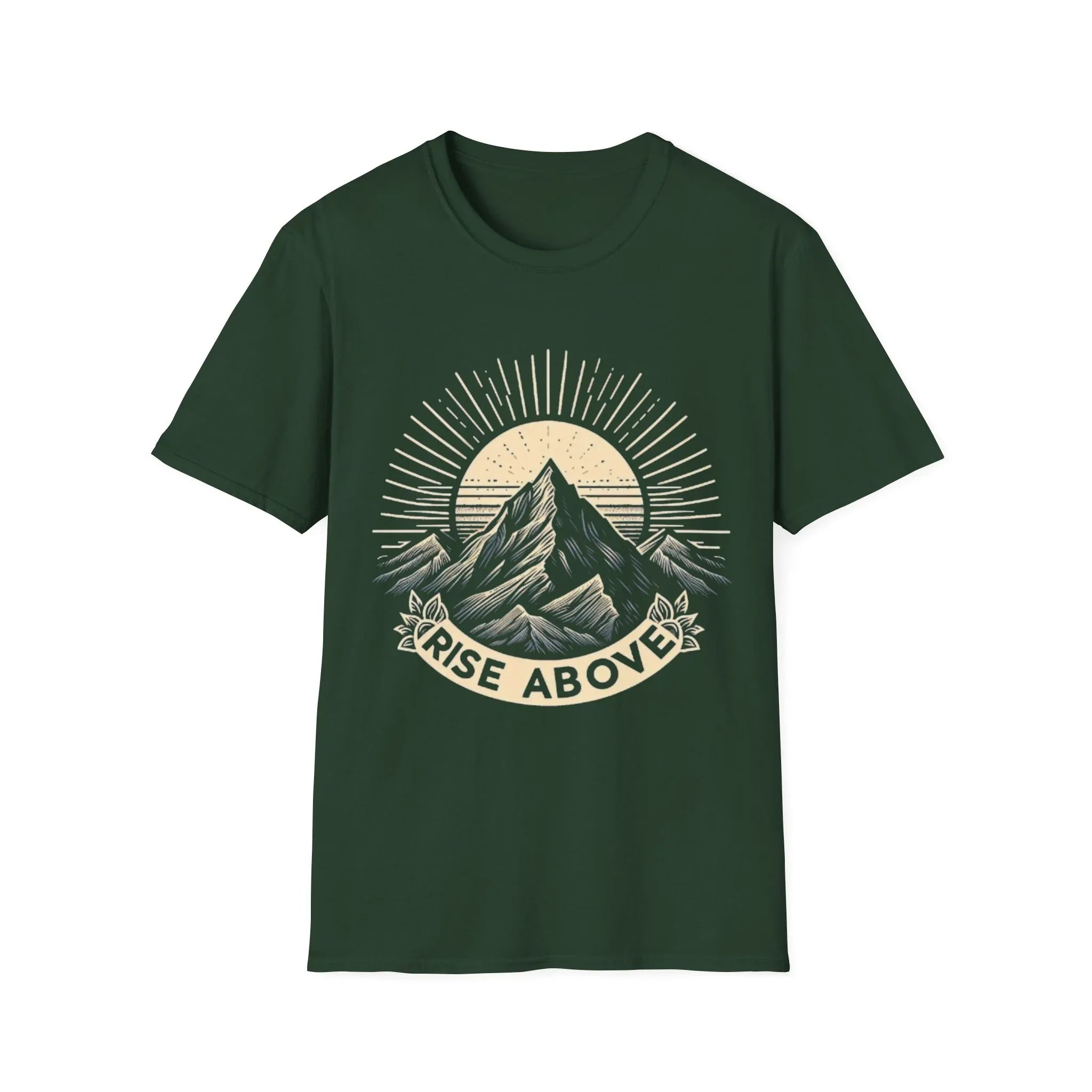 Green short-sleeve T-shirt with mountain sunrise “RISE ABOVE” graphic