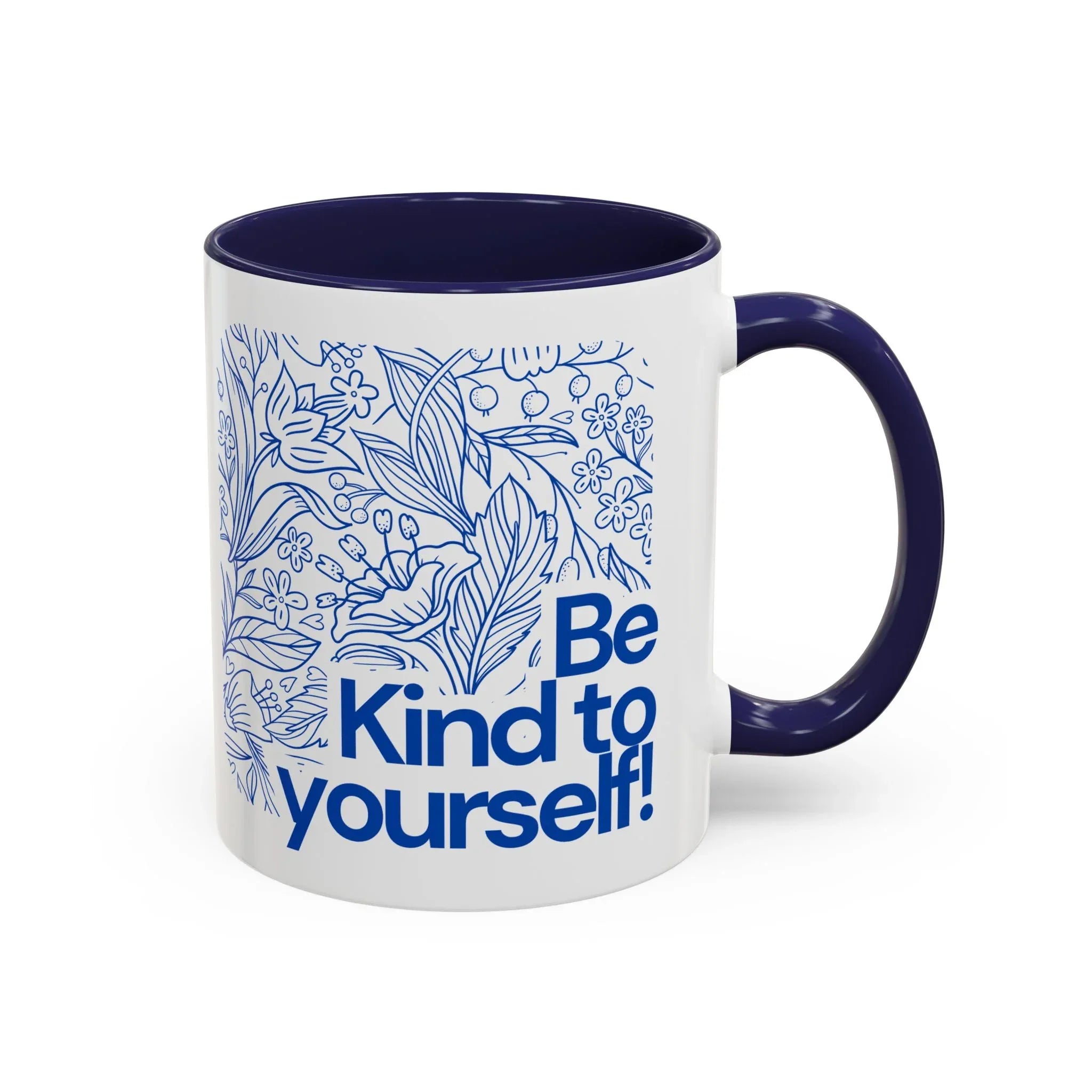 Navy accent coffee mug with blue floral line art and 'Be Kind to yourself!' wording