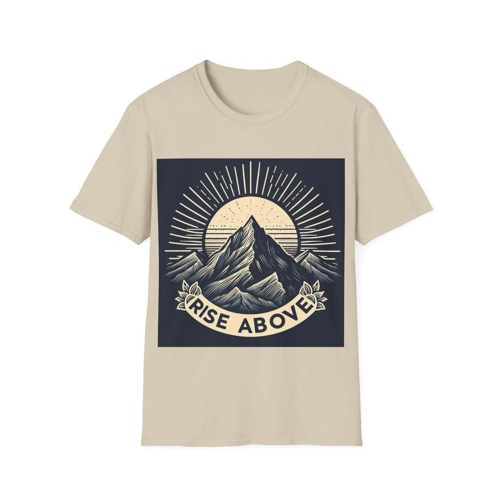 Light beige short-sleeve T-shirt with mountain sunrise “RISE ABOVE” graphic