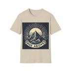 Light beige short-sleeve T-shirt with mountain sunrise “RISE ABOVE” graphic