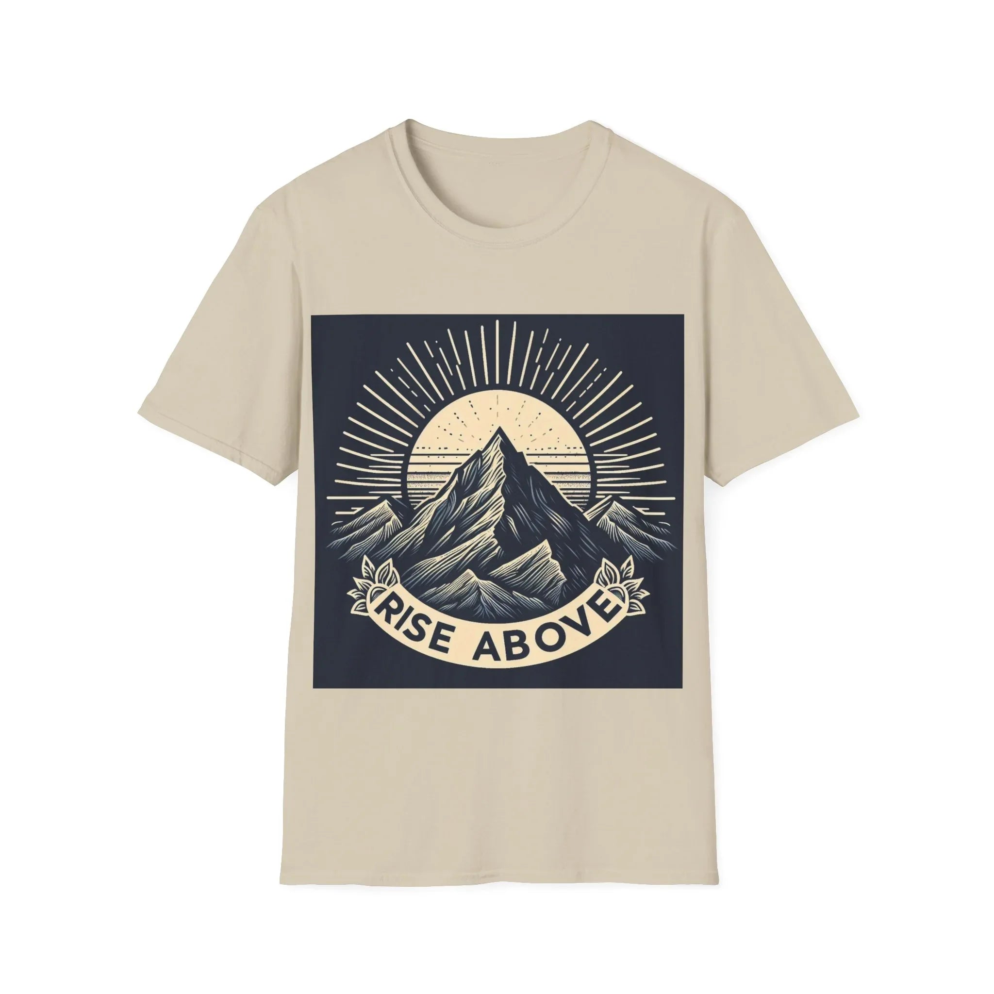 Light beige short-sleeve T-shirt with mountain sunrise “RISE ABOVE” graphic