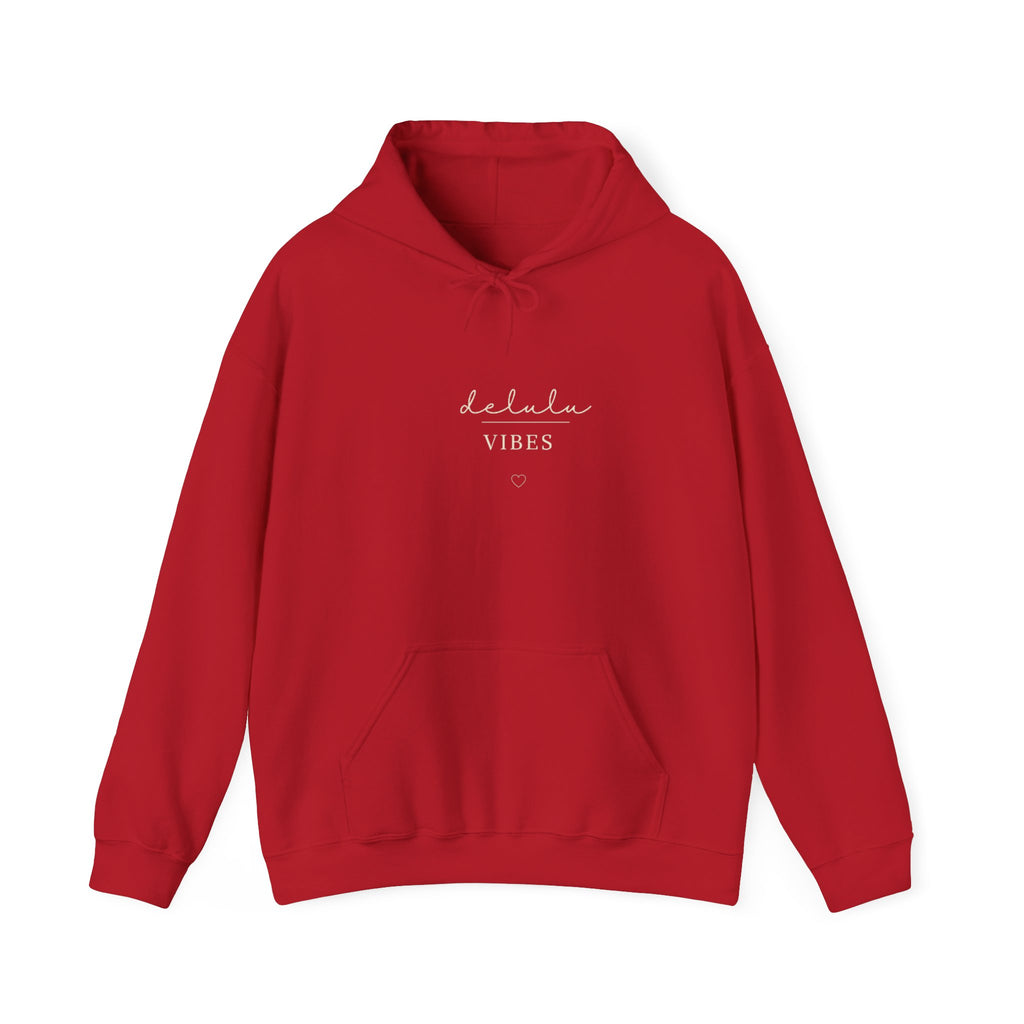Cherry red hoodie with kangaroo pocket, drawstring hood, and “delulu VIBES” print
