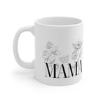 White ceramic mug with floral line art and name MAMA on front