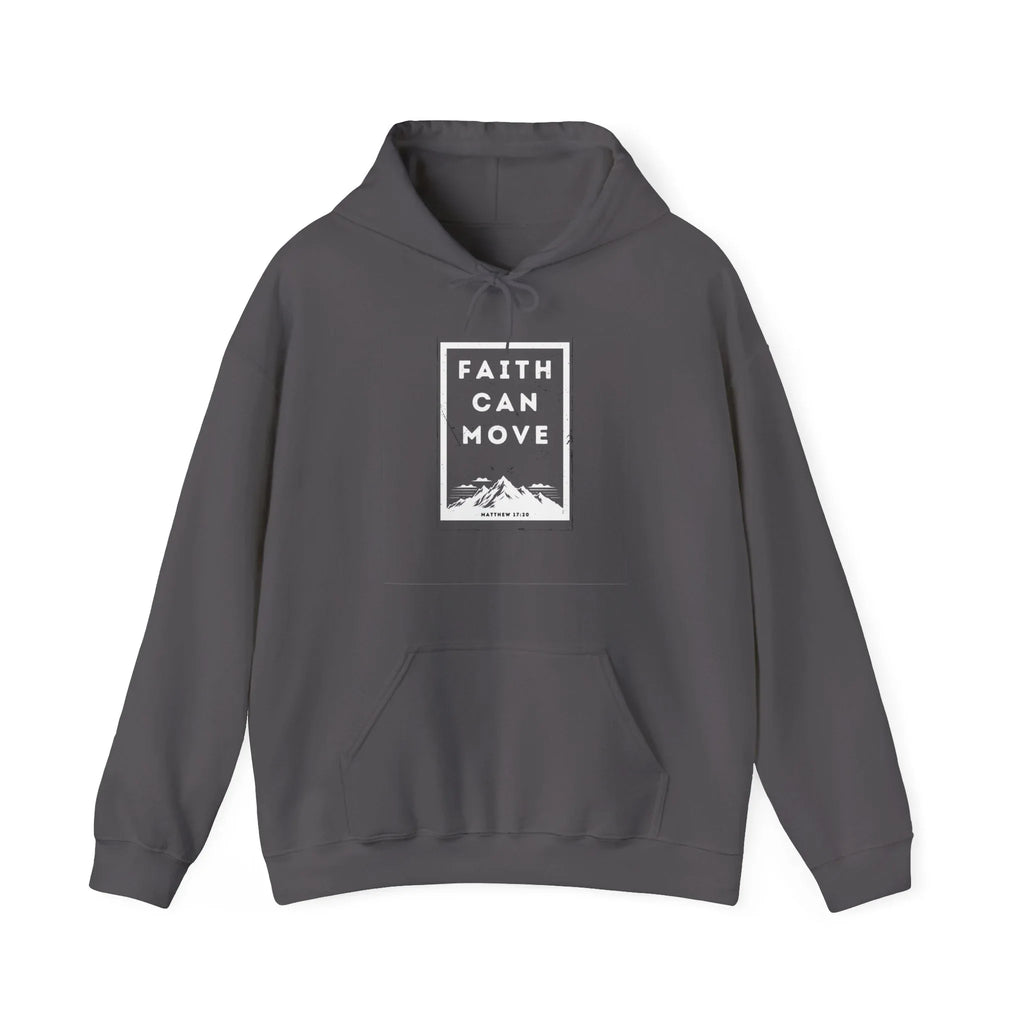 Charcoal gray hoodie sweatshirt with hood and kangaroo pocket, front square faith graphic