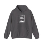 Charcoal gray hoodie sweatshirt with hood and kangaroo pocket, front square faith graphic