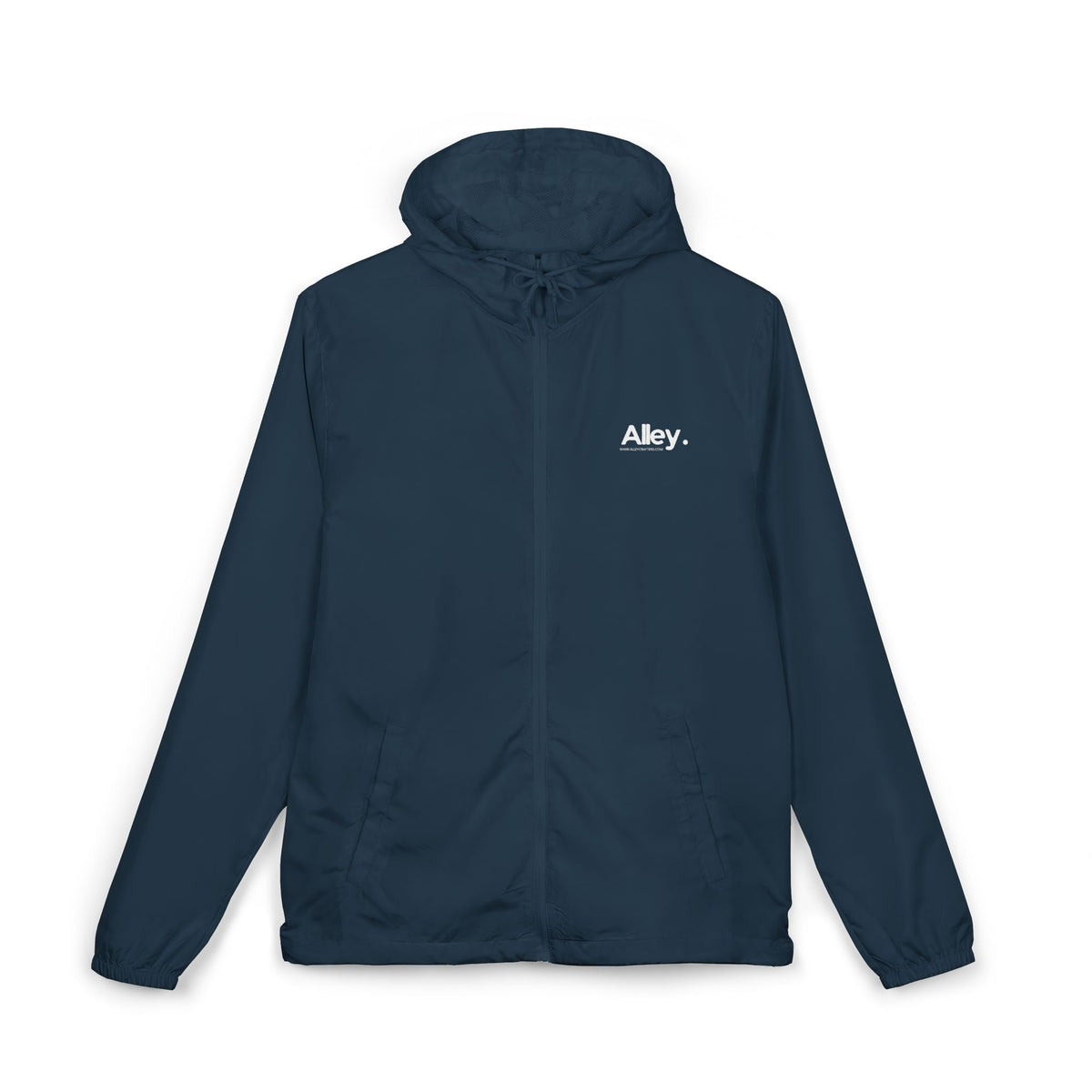 Lightweight hooded windbreaker jacket in navy blue, front zip, drawstring hood, chest logo.