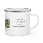White enamel mug with "YOUR TEXT HERE" and "Choose your words", silver rim