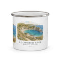 White enamel camping mug with Lulworth Cove landscape print and silver rim, 12oz.