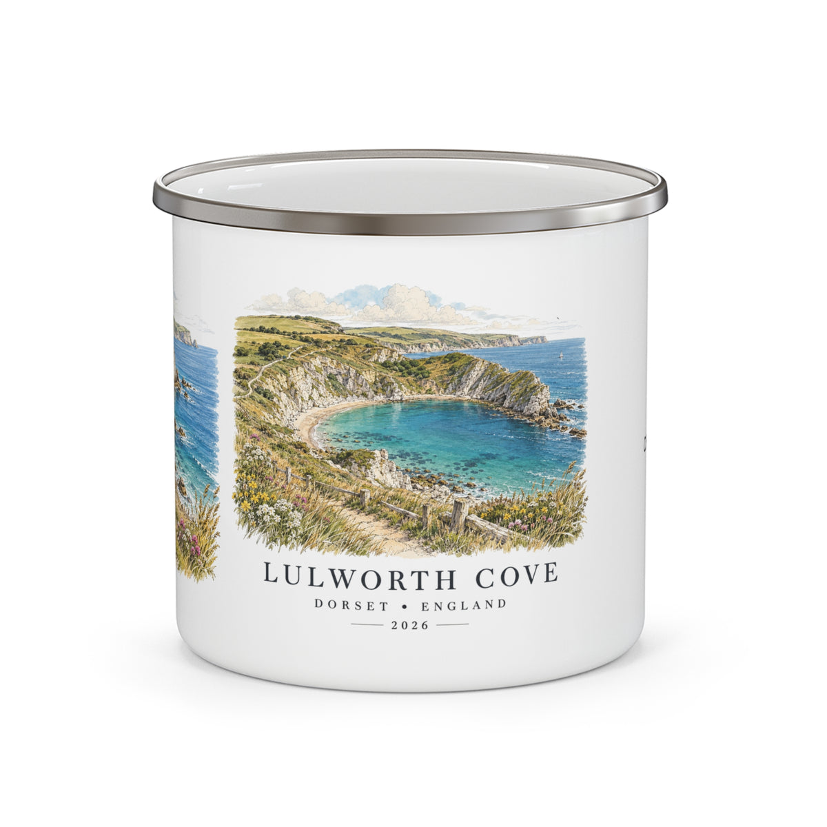 White enamel camping mug with Lulworth Cove landscape print and silver rim, 12oz.