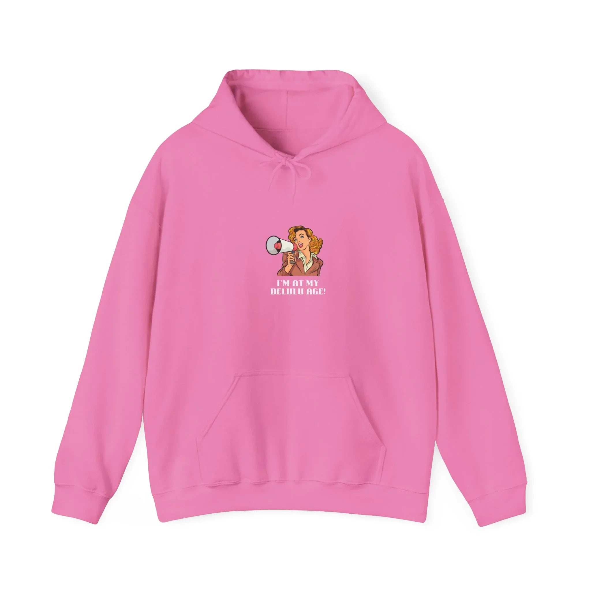 Pink hooded sweatshirt with front pocket and small chest graphic design