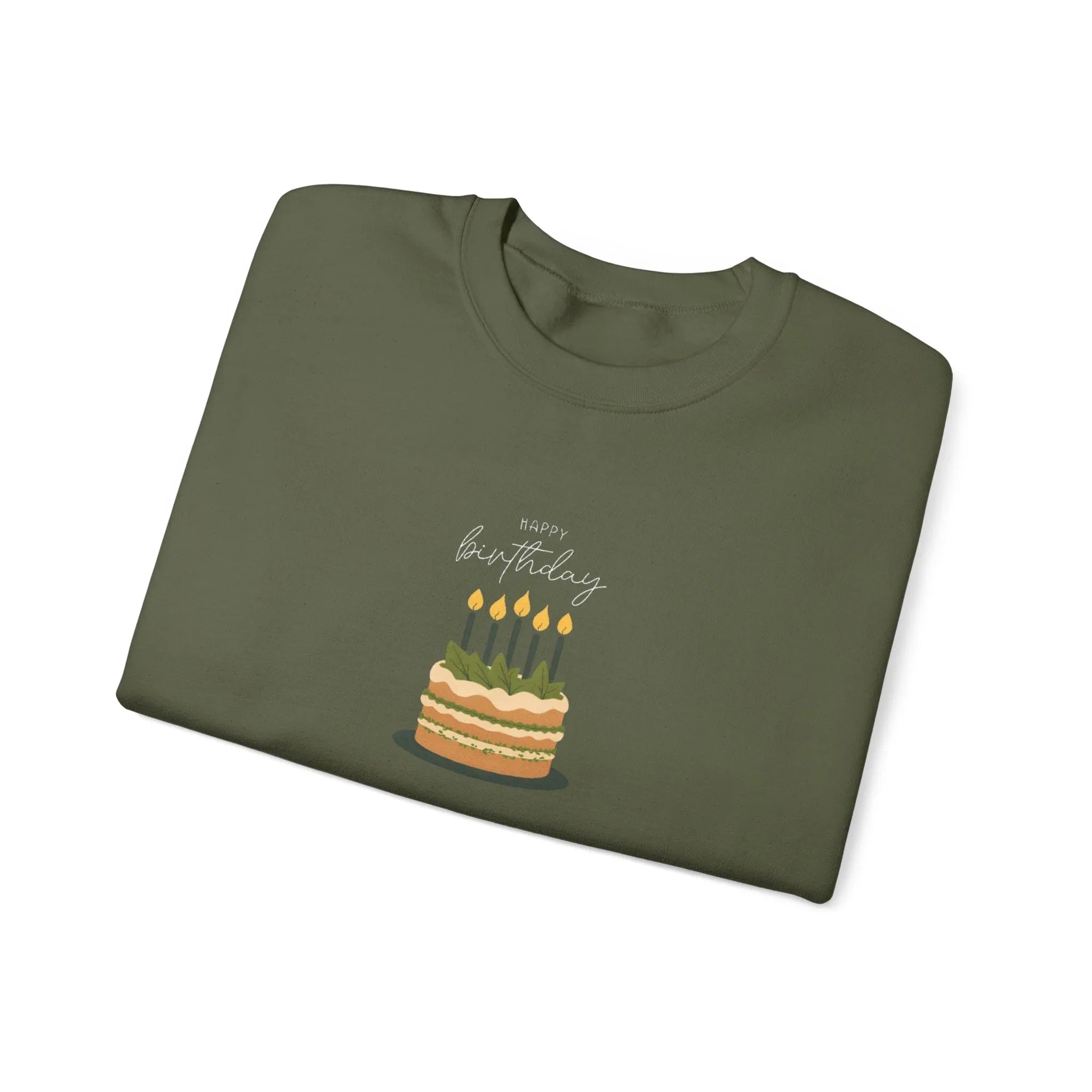 Olive green birthday cake sweatshirt with “Happy birthday” candle graphic