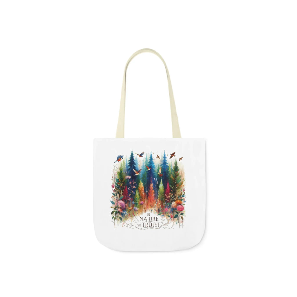 White tote bag with beige handles, colorful forest and birds print, Nature Trust logo