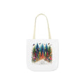 White tote bag with beige handles, colorful forest and birds print, Nature Trust logo