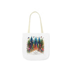 White tote bag with beige handles, colorful forest and birds print, Nature Trust logo