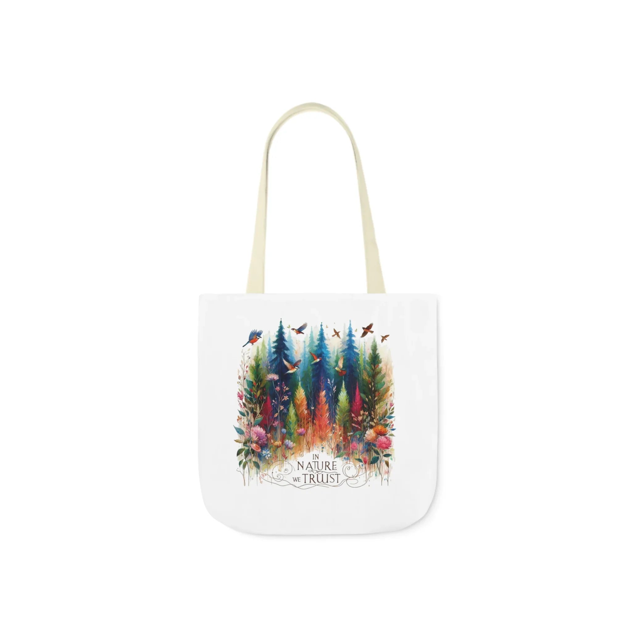 White tote bag with beige handles, colorful forest and birds print, Nature Trust logo