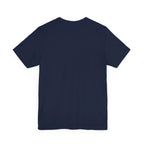 Navy unisex t-shirt back view, plain fabric with no visible graphic