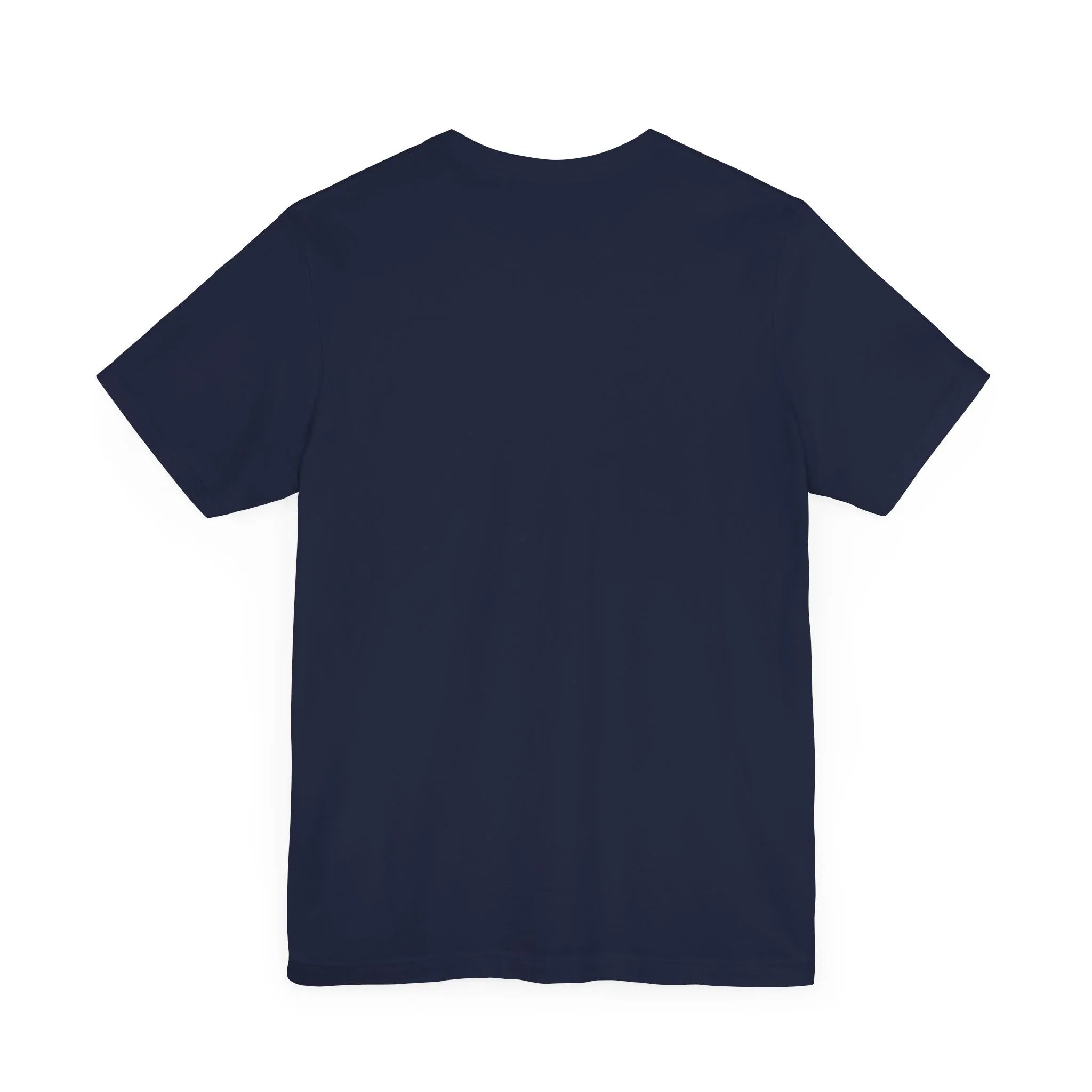 Navy unisex t-shirt back view, plain fabric with no visible graphic