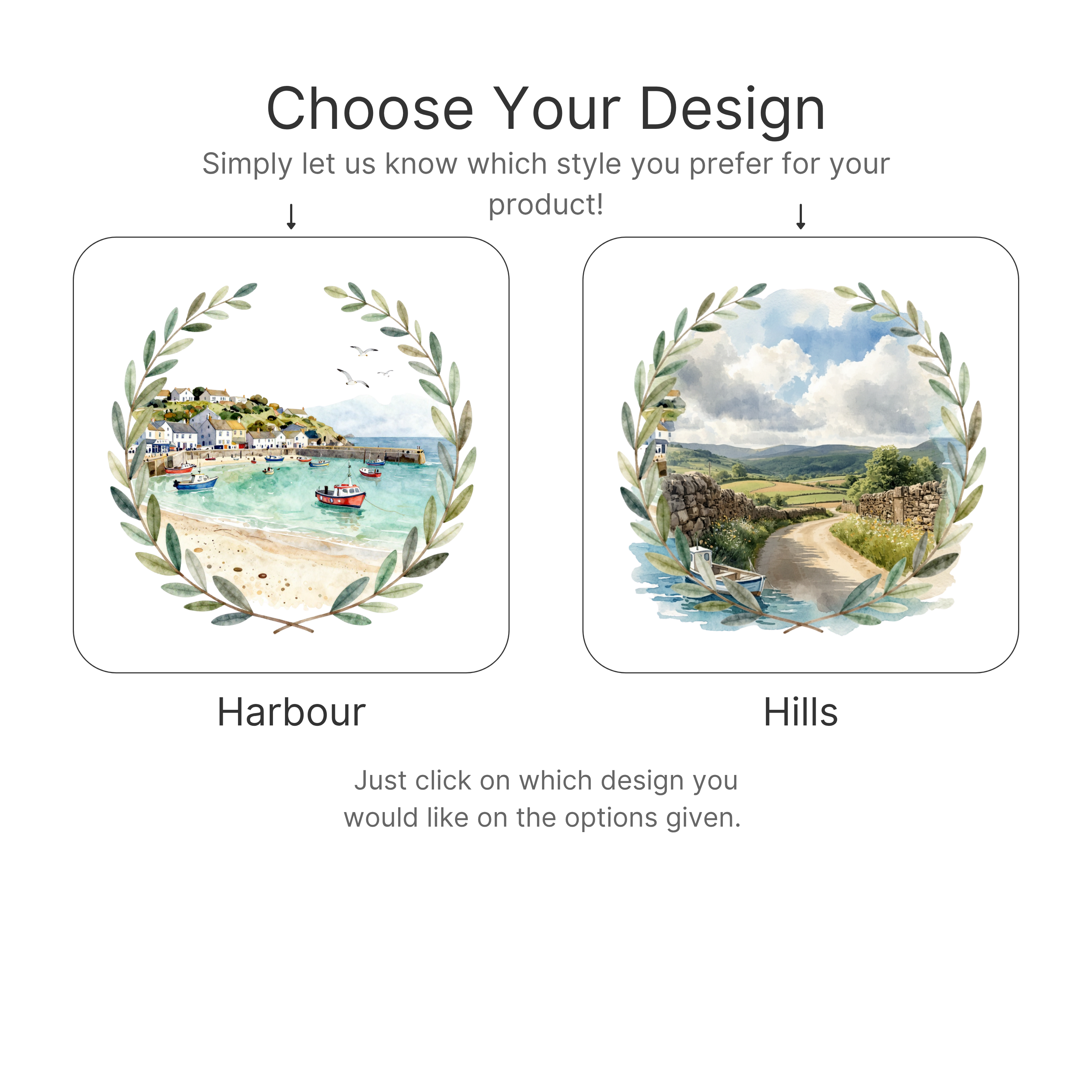 Personalised scenic landscape T-shirt design choices with harbour and hills prints