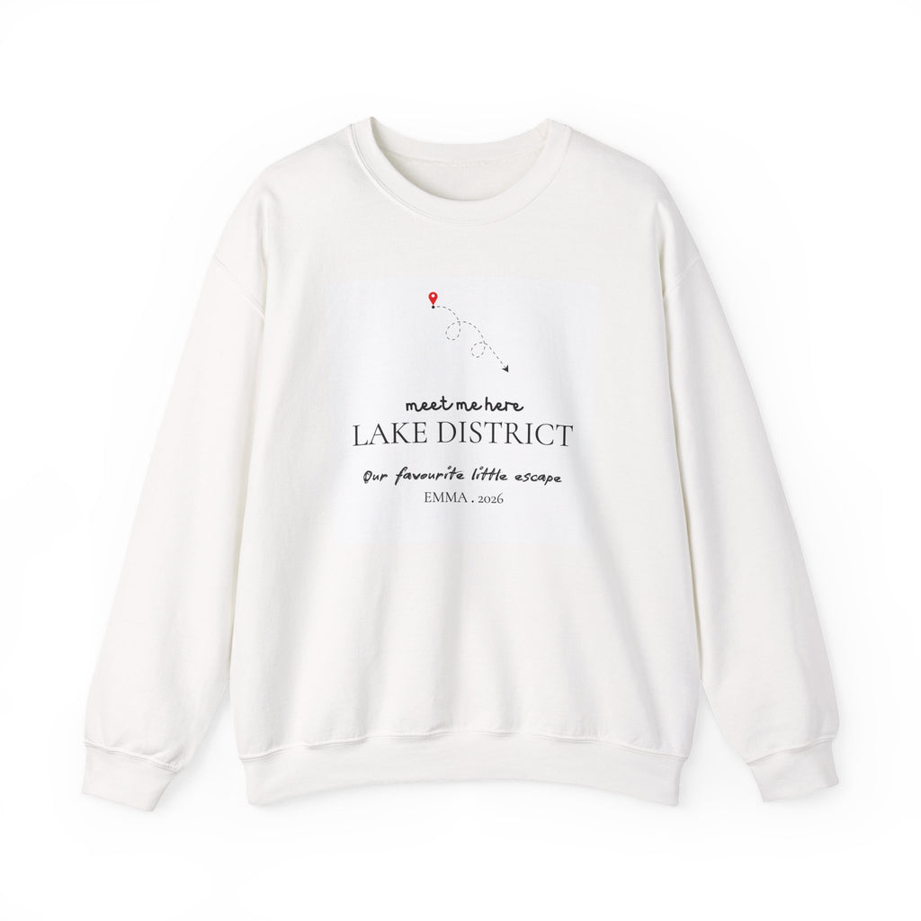 White personalised place name sweatshirt with 'meet me here' LAKE DISTRICT print