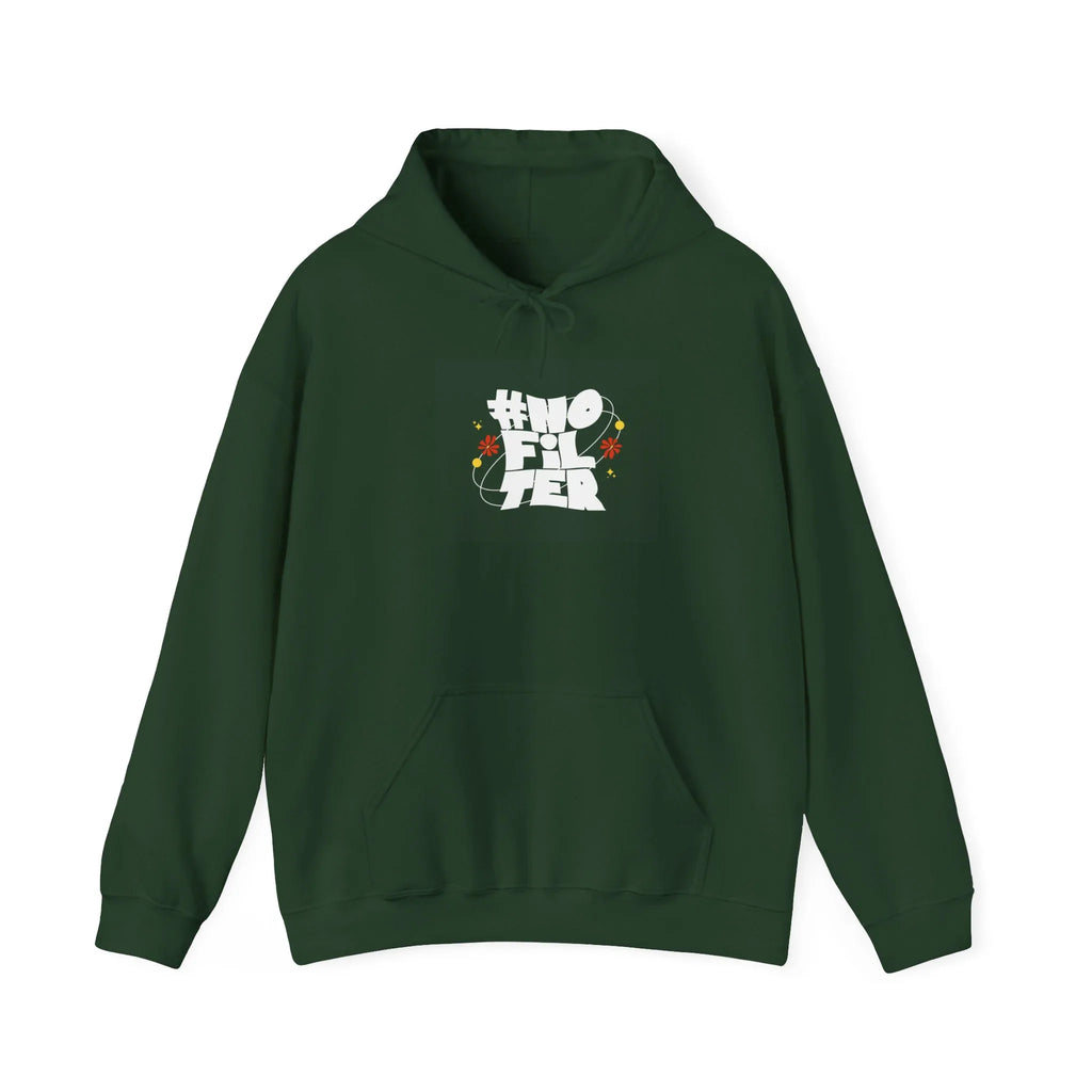 Forest green unisex slogan hoodie with hood and front kangaroo pocket.