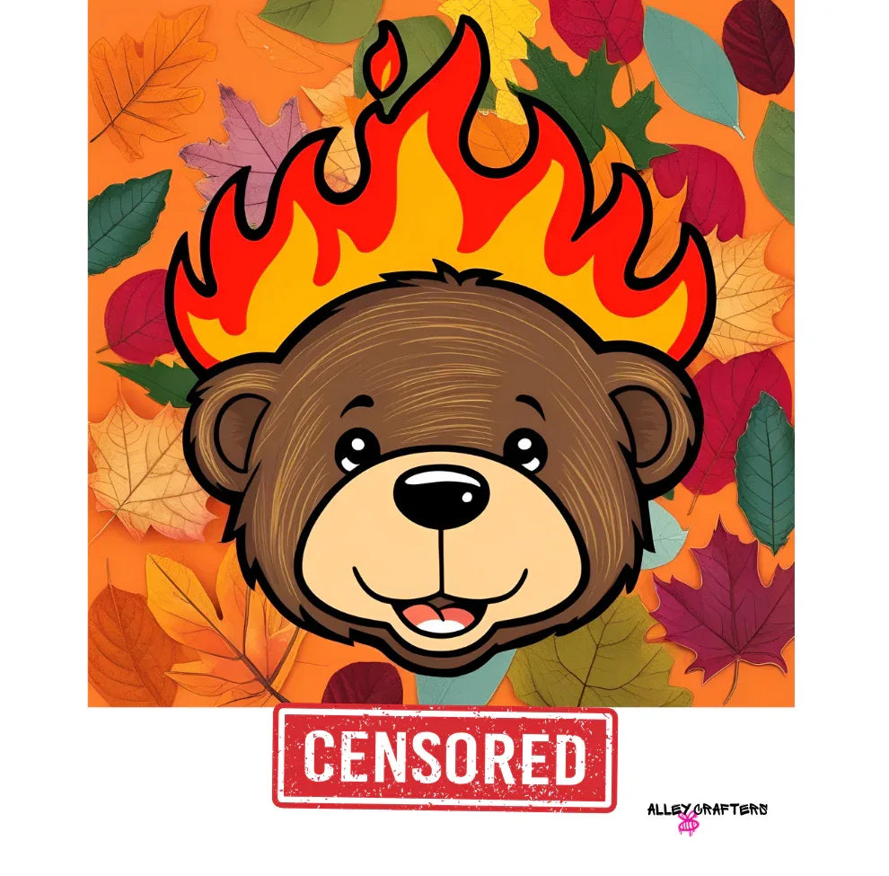 Bear head mug graphic with flames and red “CENSORED” stamp, close-up design view.