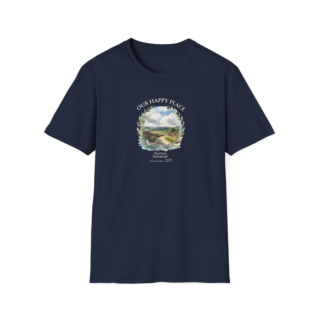 Our Happy Place Scenic T‑Shirt — Personalized Town Landscape Tee