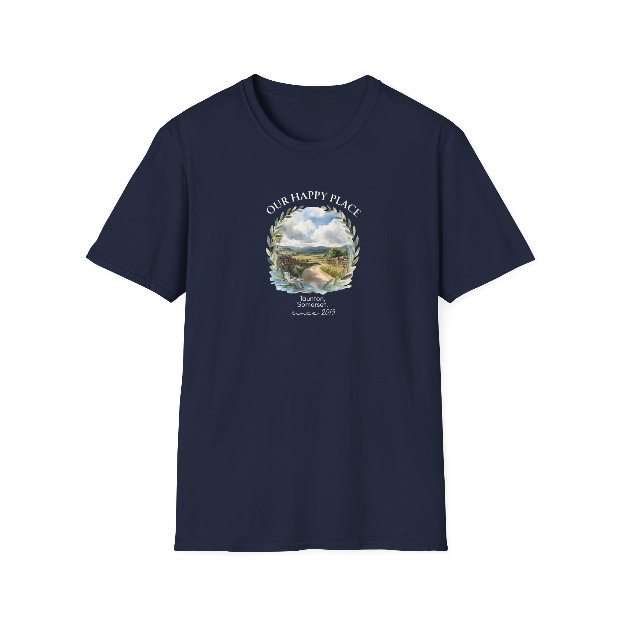 Our Happy Place Scenic T‑Shirt — Personalized Town Landscape Tee