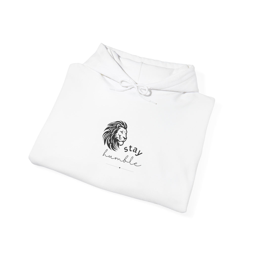 White lion graphic hoodie, folded view with drawstring hood and “stay humble” front print
