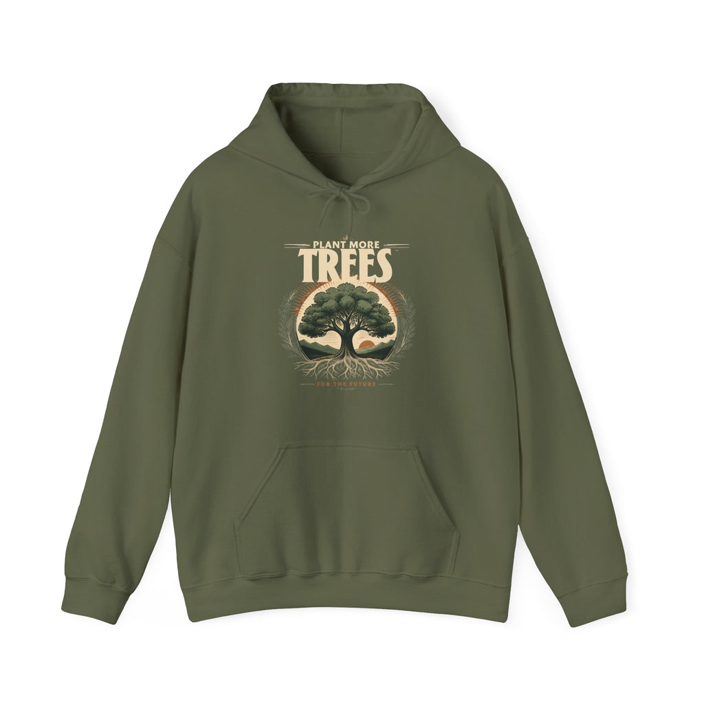 Olive green unisex pullover hoodie with “Plant More Trees” tree graphic and front pocket