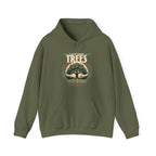 Olive green unisex pullover hoodie with “Plant More Trees” tree graphic and front pocket