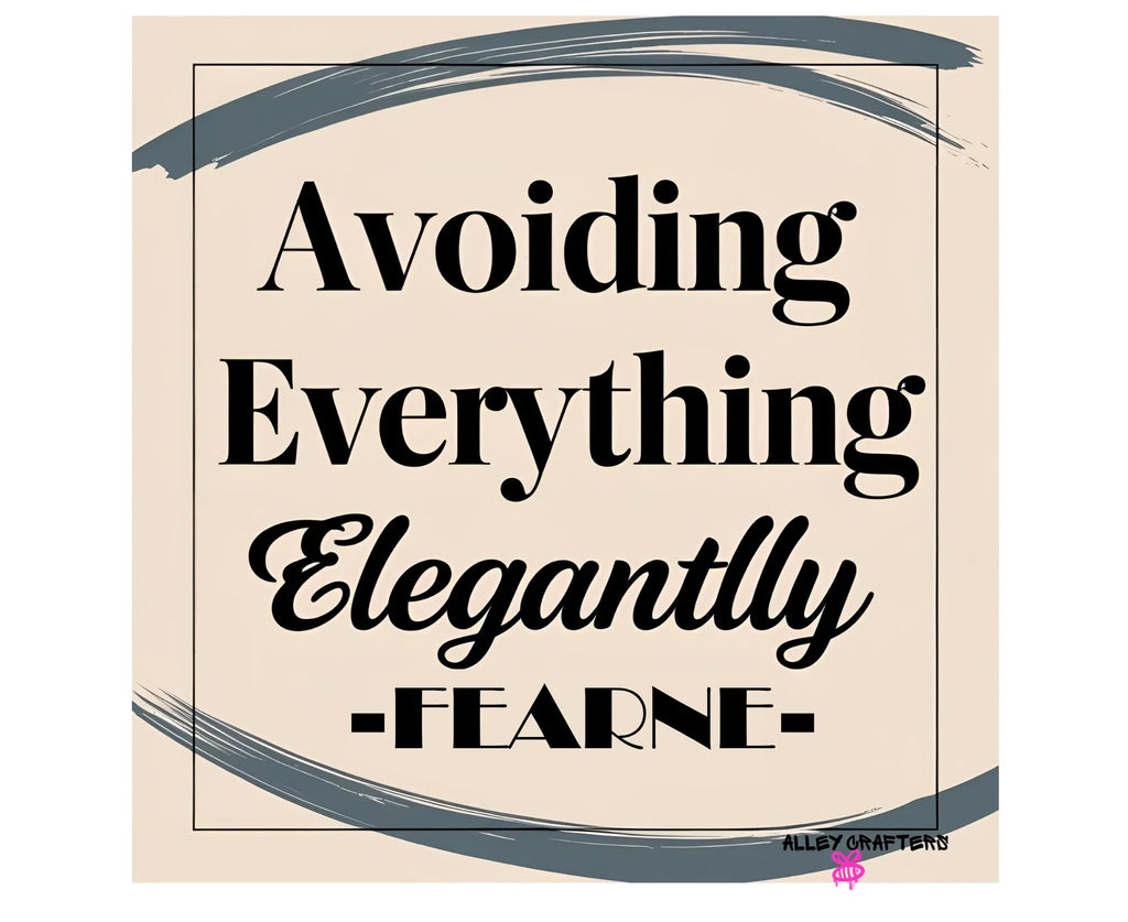 White tote bag close-up, "Avoiding Everything Elegantly" text with blue swoosh