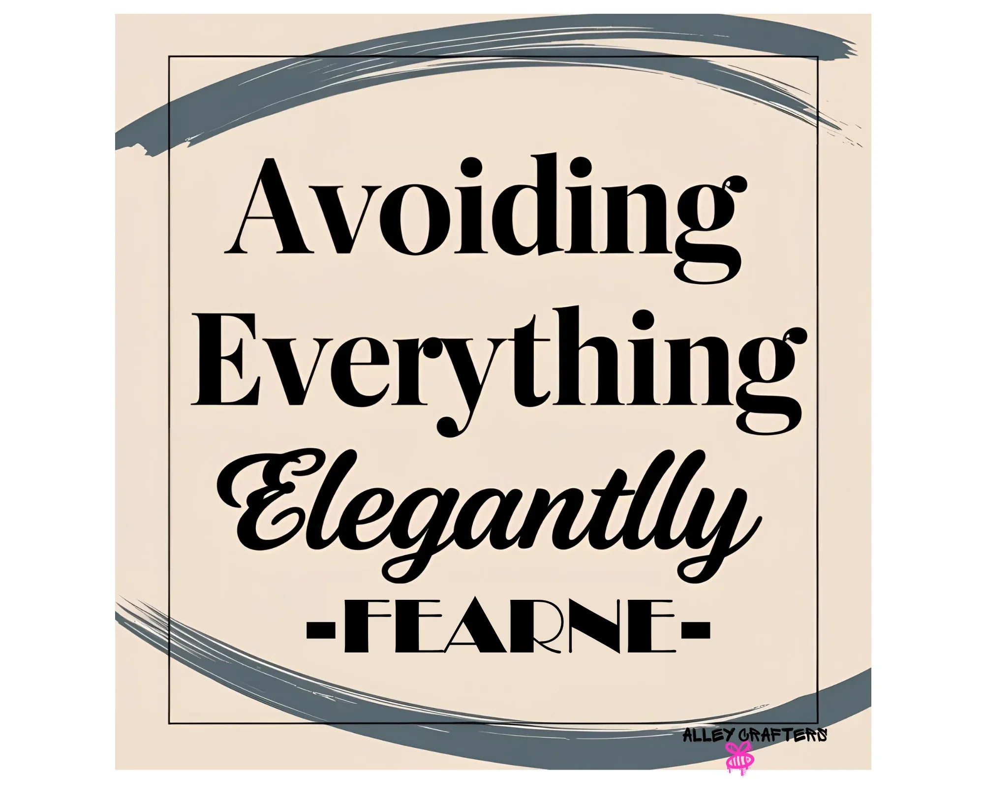 White tote bag close-up, "Avoiding Everything Elegantly" text with blue swoosh