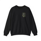 Black crewneck sweatshirt with small front plant graphic and slogan