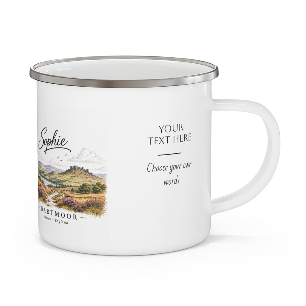 Personalised enamel camping mug, white with Dartmoor scene and “YOUR TEXT HERE”