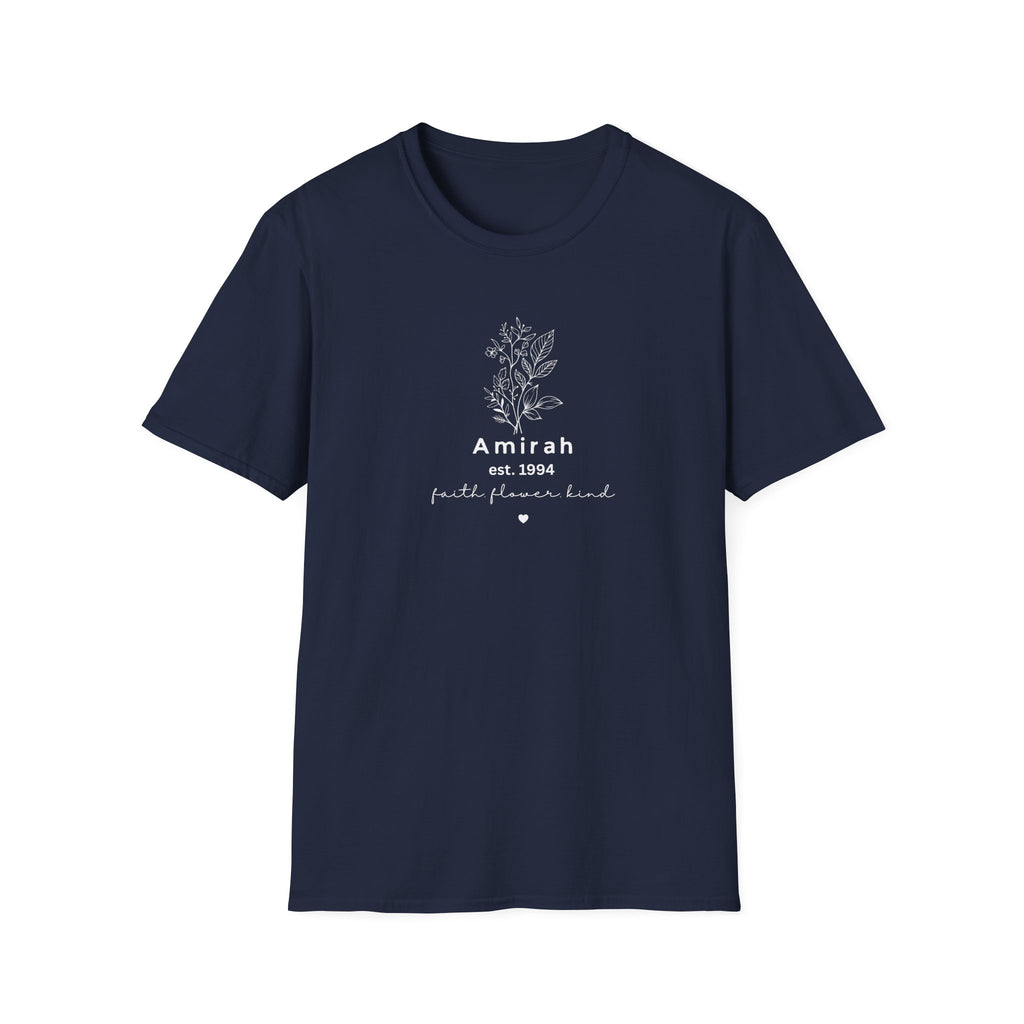 Personalized Floral Name T-Shirt — “Amirah est. 1994” Minimal Botanical Tee