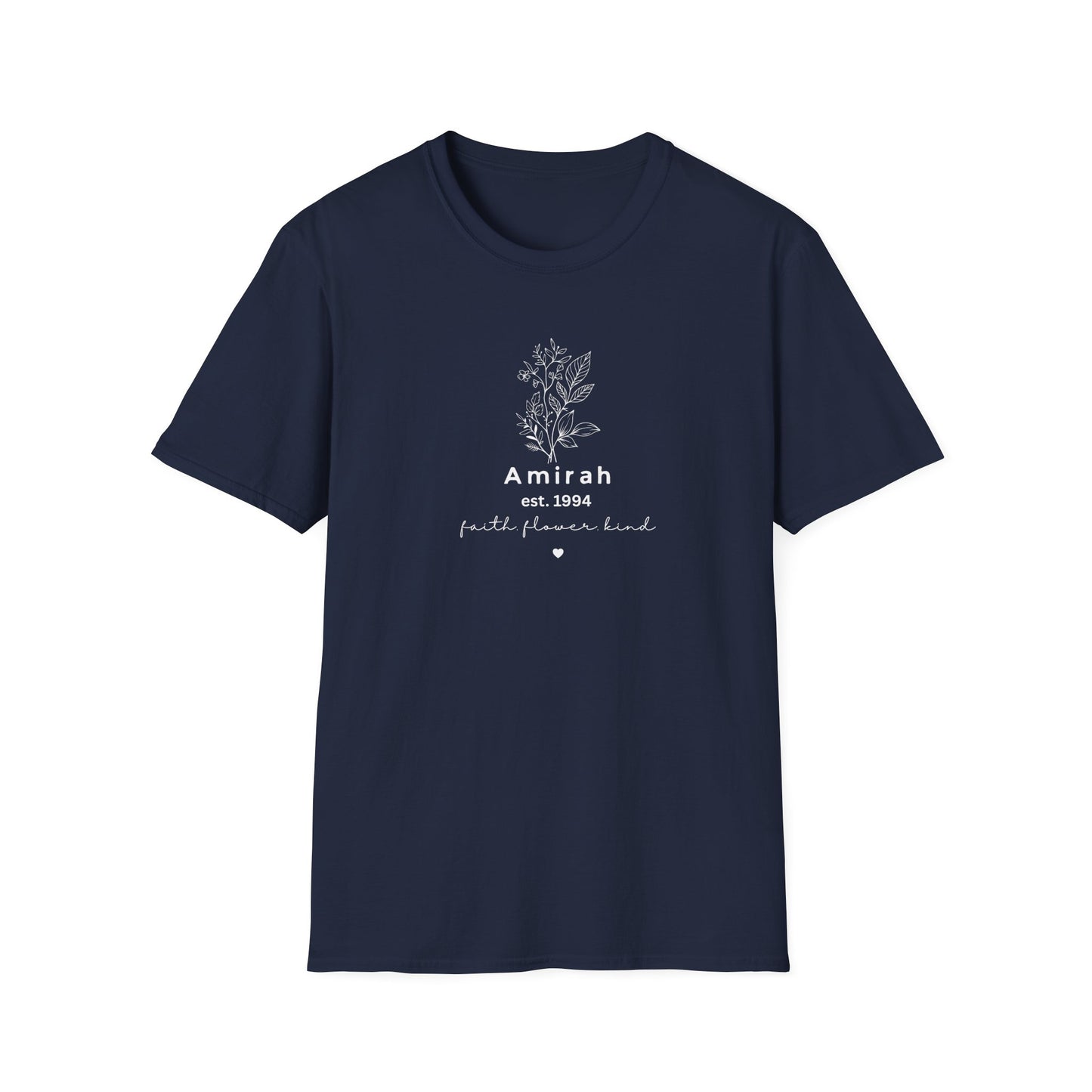 Personalized Floral Name T-Shirt — “Amirah est. 1994” Minimal Botanical Tee