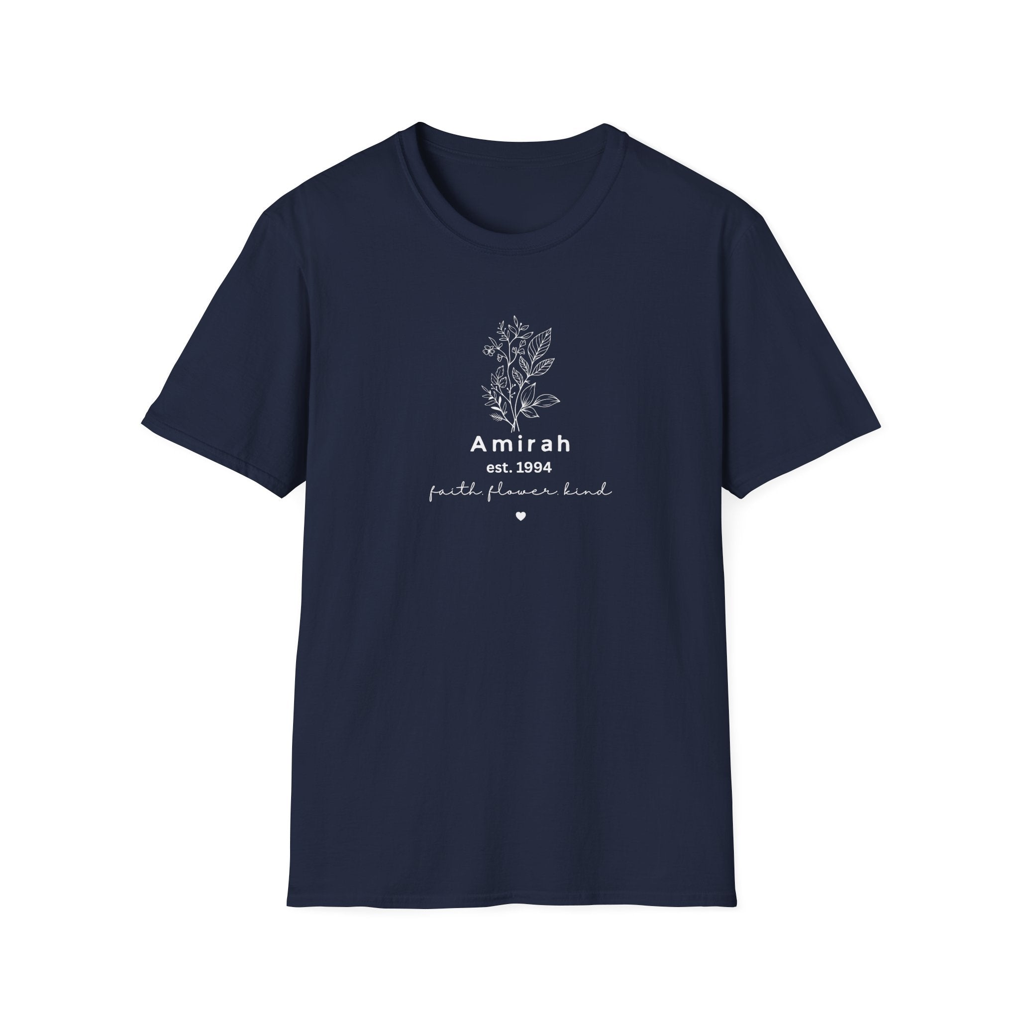 Personalized Floral Name T-Shirt — “Amirah est. 1994” Minimal Botanical Tee