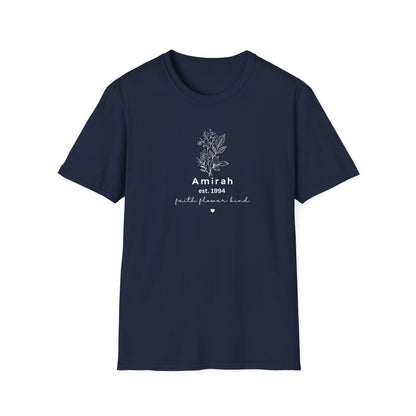 Personalized Floral Name T-Shirt — “Amirah est. 1994” Minimal Botanical Tee