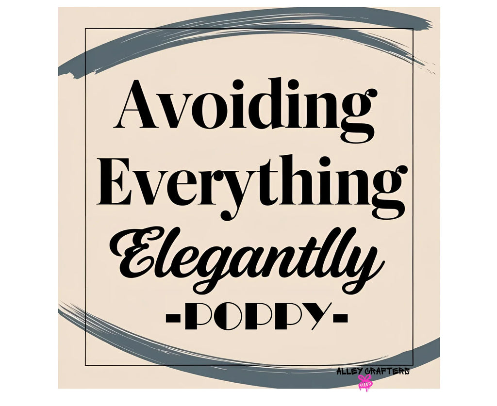 White tote bag close-up, "Avoiding Everything Elegantly" lettering in black and teal