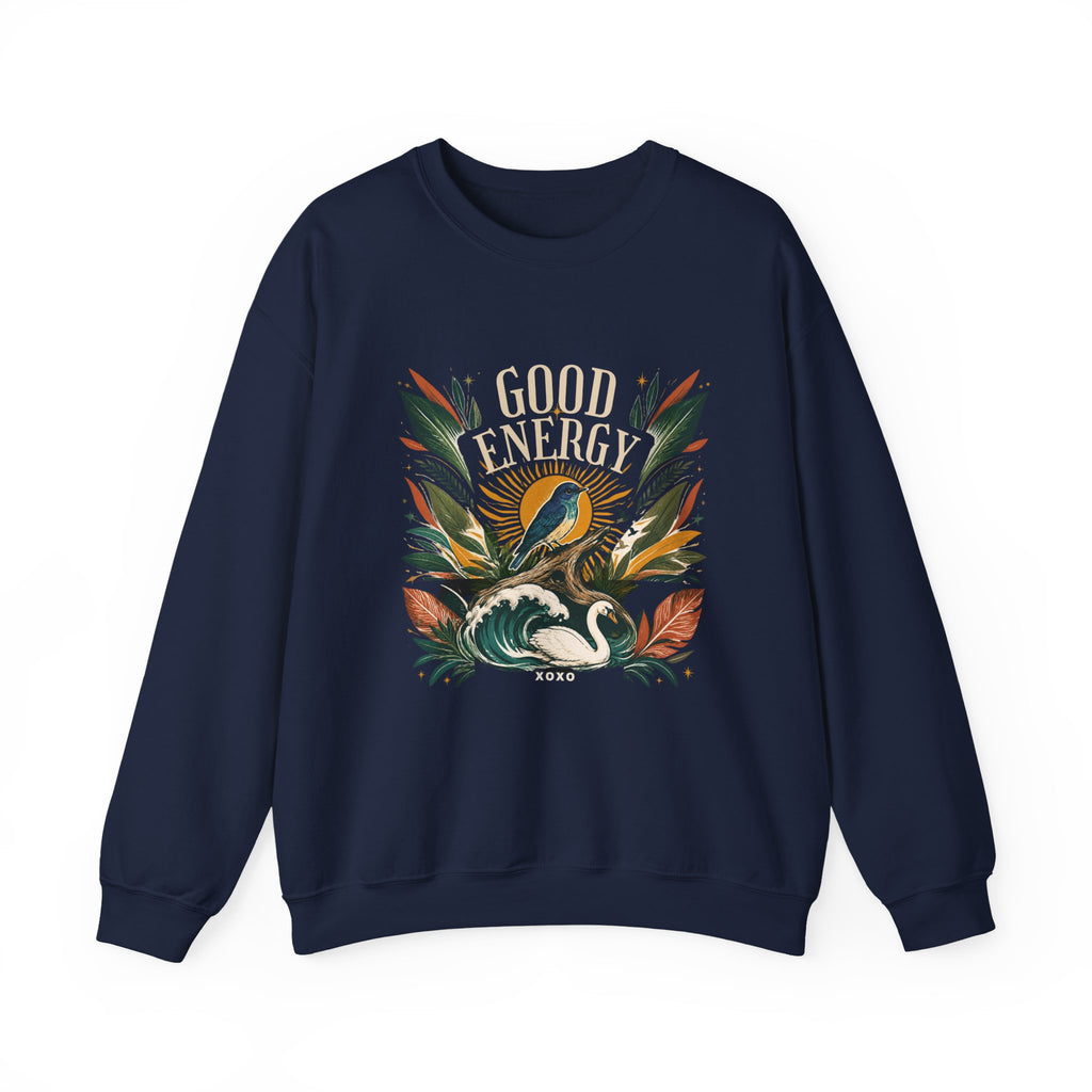 Navy unisex sweatshirt with “GOOD ENERGY” botanical bird graphic on chest