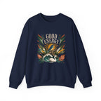 Navy unisex sweatshirt with “GOOD ENERGY” botanical bird graphic on chest