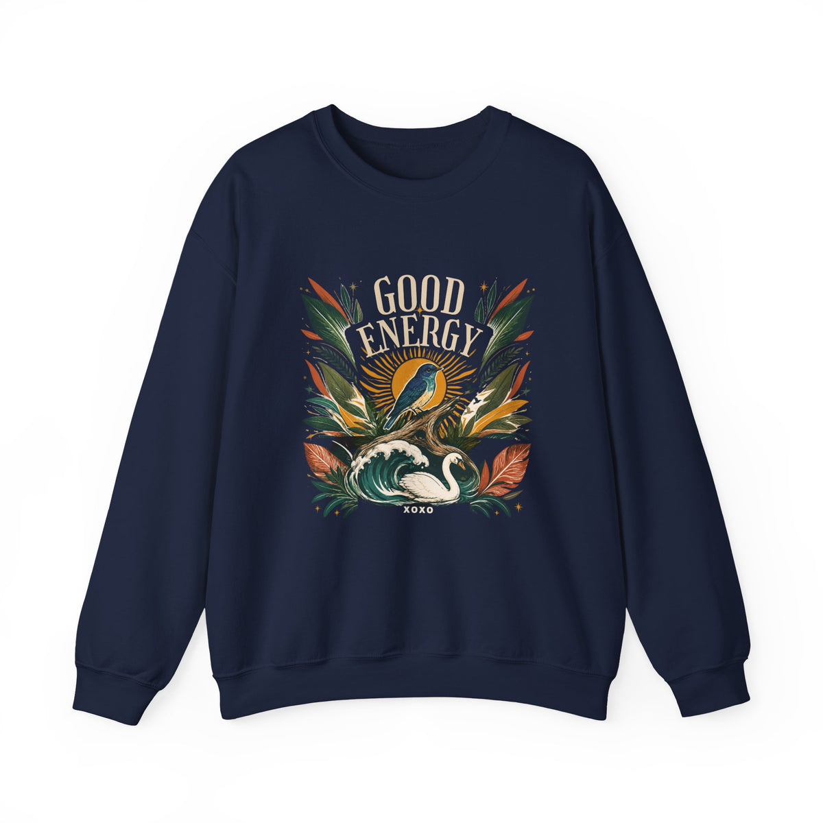 Navy unisex sweatshirt with “GOOD ENERGY” botanical bird graphic on chest