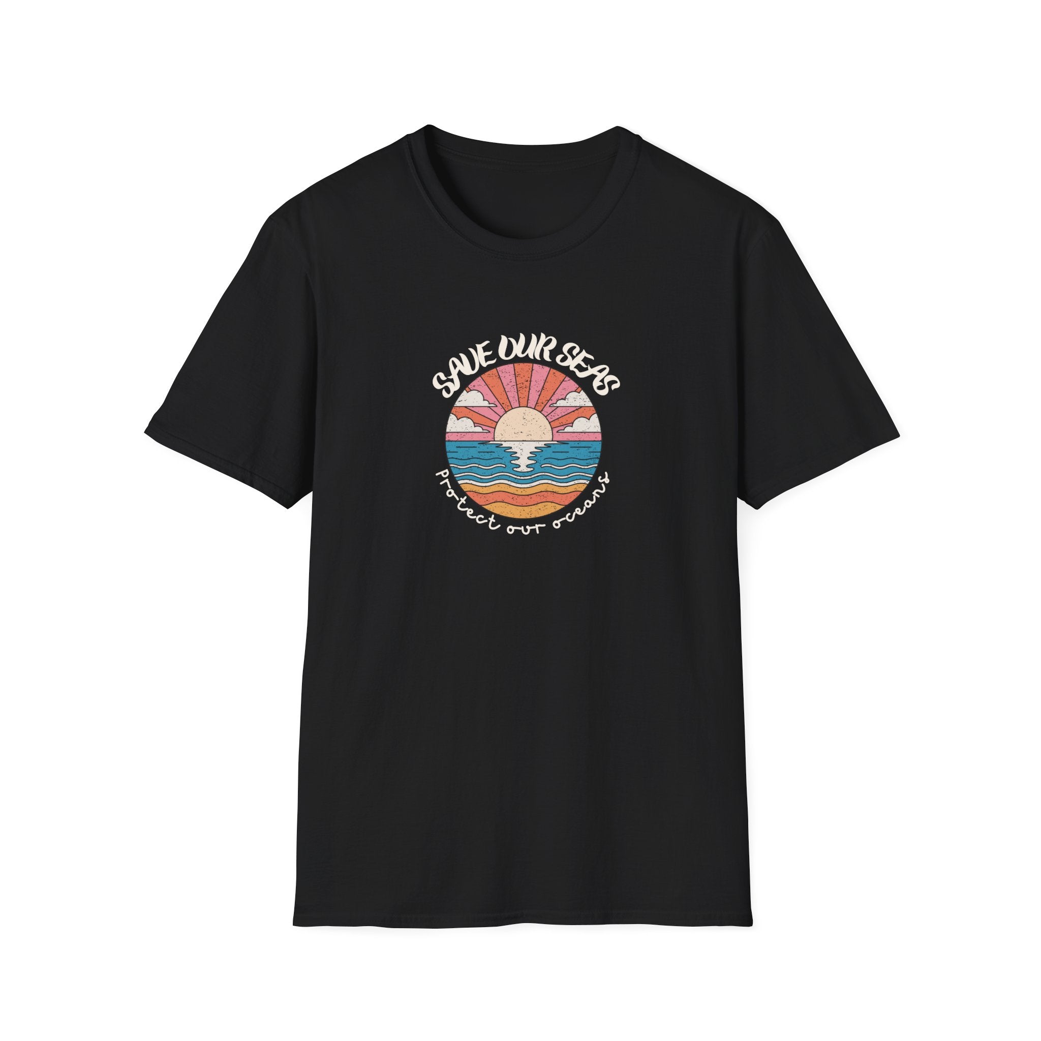 Save Our Seas T-Shirt | Retro Sunset Ocean Conservation Tee UK - AlleyCrafters