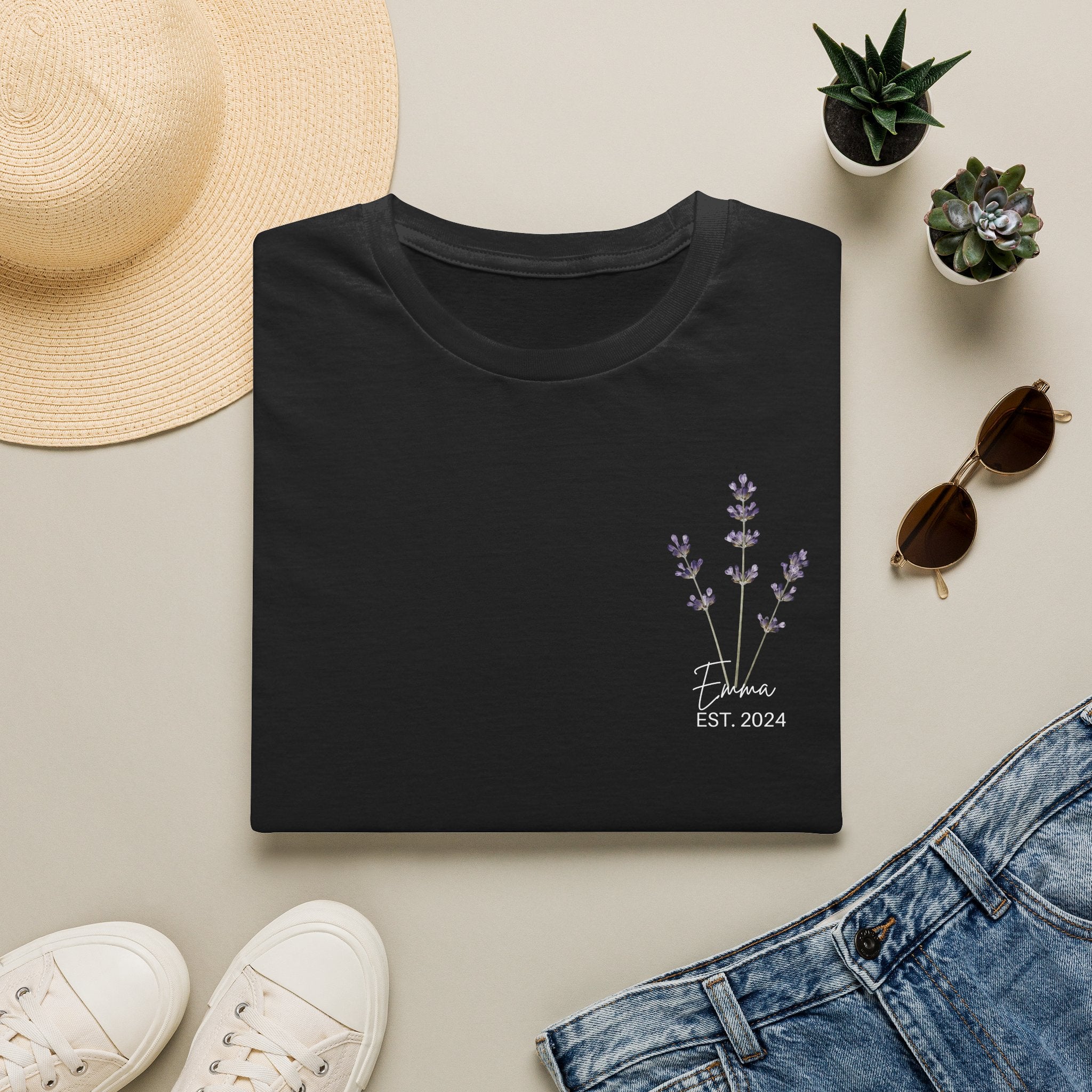 Personalised lavender sprig t-shirt flat lay mockup — custom name and year botanical gift for her