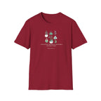 Cardinal red botanical t-shirt with green plant graphic and white slogan print