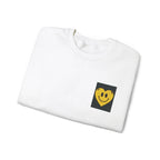 White crewneck sweatshirt with embroidered smiley heart patch on chest