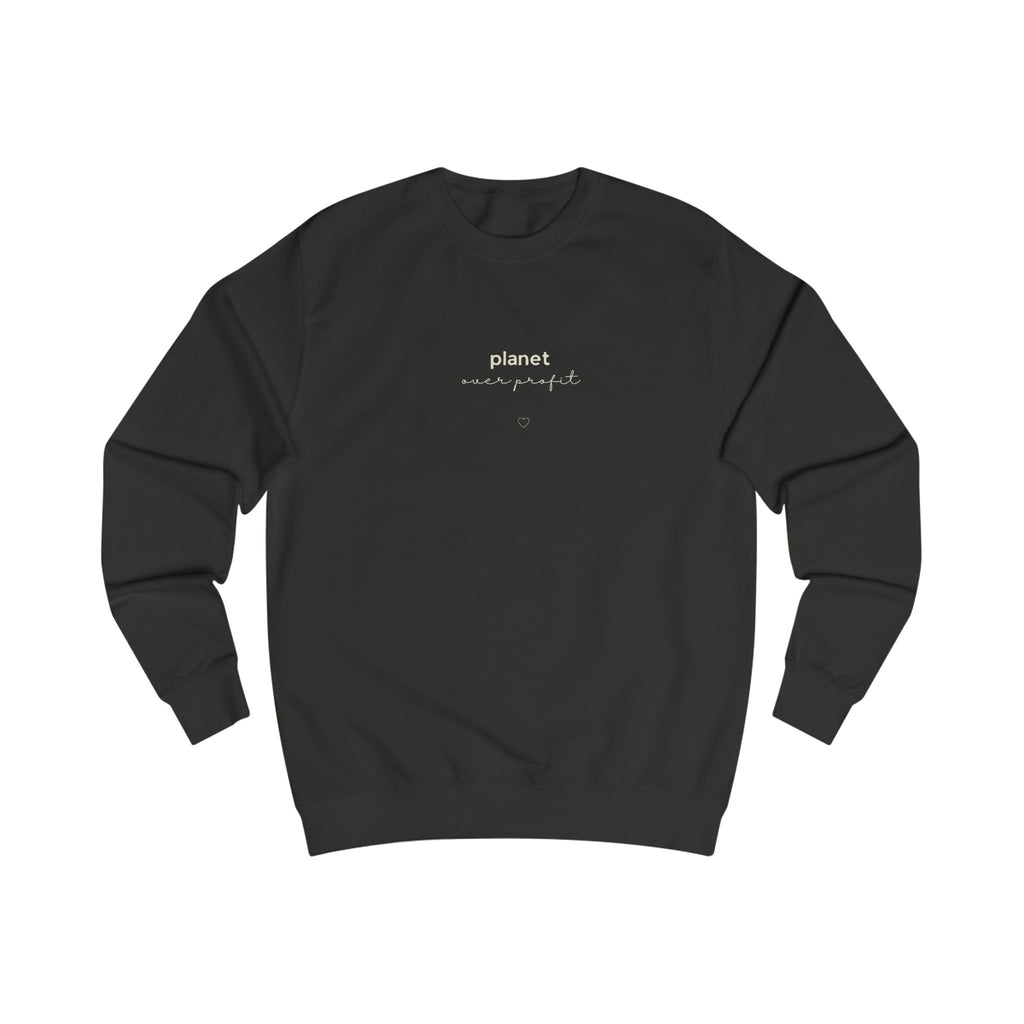 Jet black sweatshirt with small chest logo and heart emblem
