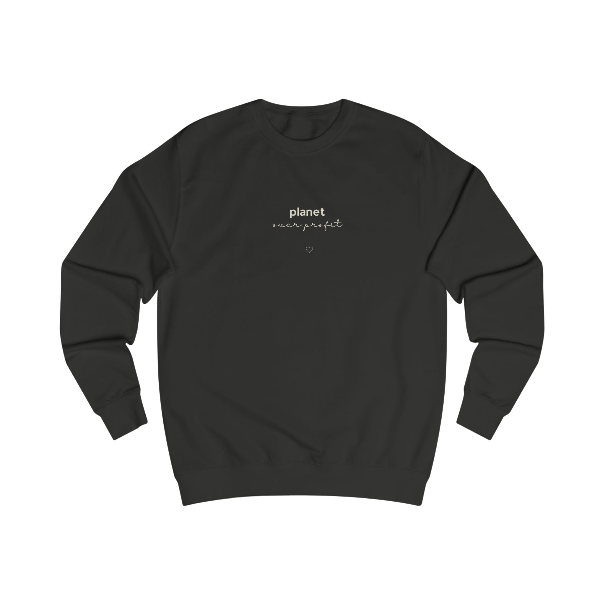 Jet black sweatshirt with small chest logo and heart emblem